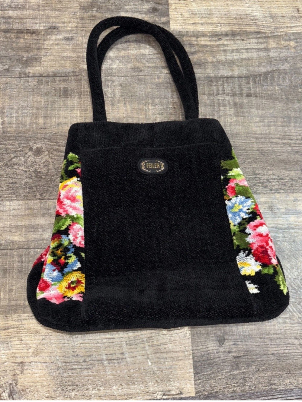 Feiler chenille tote bag in black vibrant floral